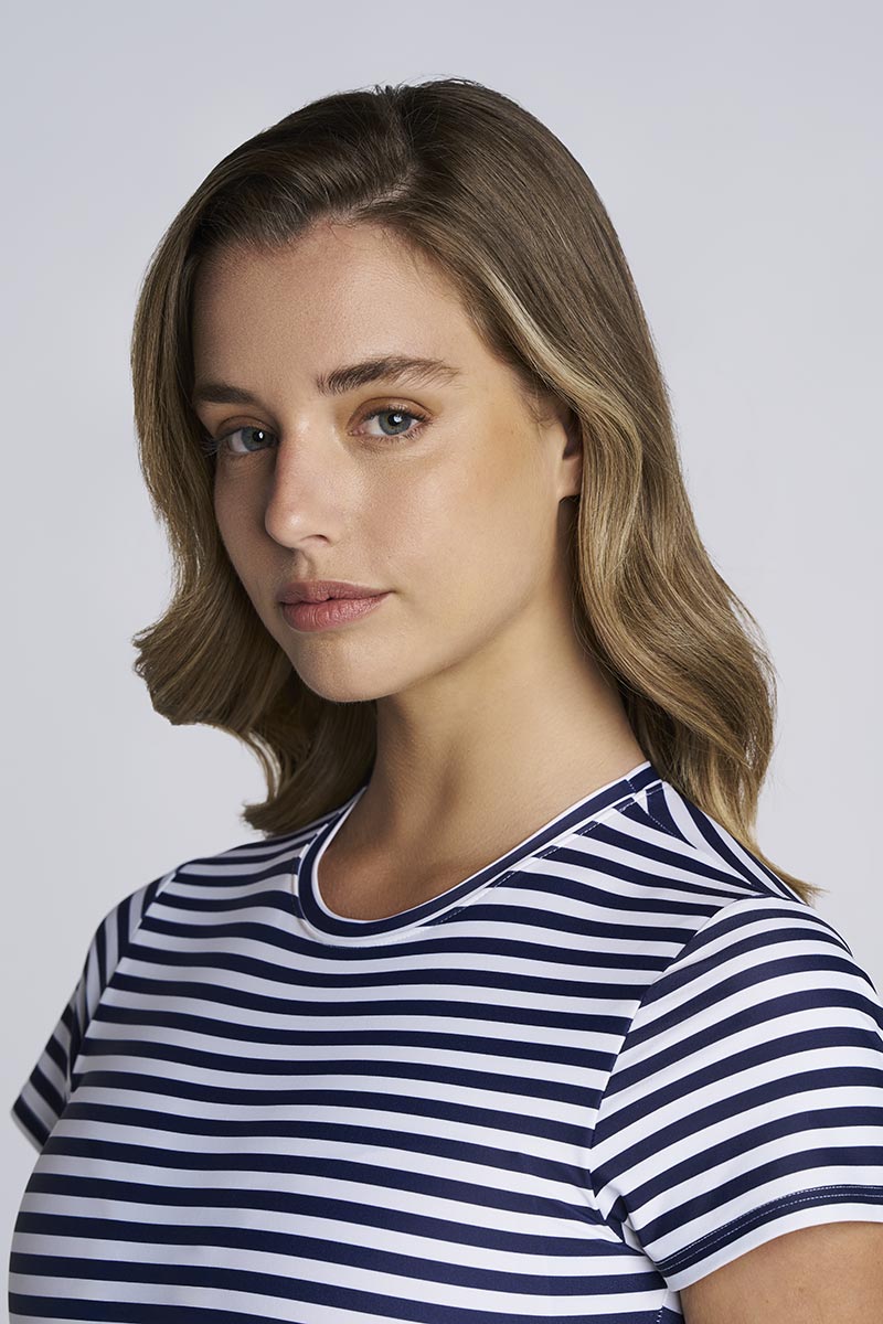 Hibiscus Island Crop Swim Crop Top | White/Navy Stripe