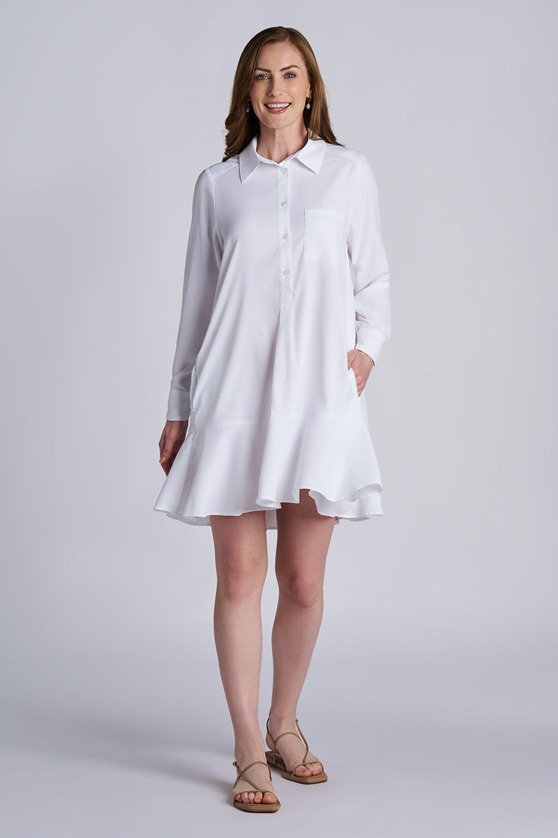 Women's Castaneda Flared Shirt Dress with Long Sleeves | White