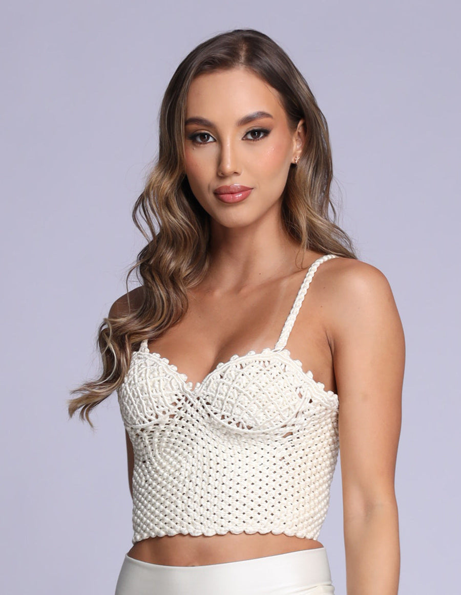 CorpiΓ±o Crop Top Ivory. Crop Top With Hand Woven MacramΓ© In Ivory. Entreaguas