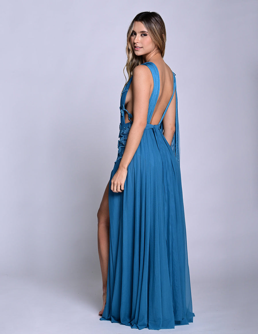 Copernico Dress Oil Blue. Hand-Dyed Dress With Hand Woven MacramΓ© In Oil Blue