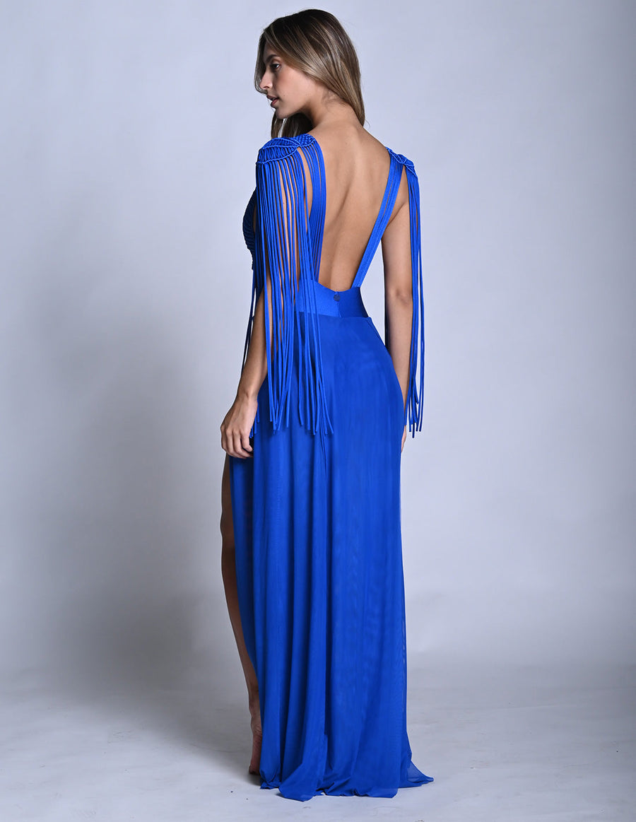 Umbra Dress King Blue. Hand-Dyed Dress With Hand Woven MacramΓ© In King Blue