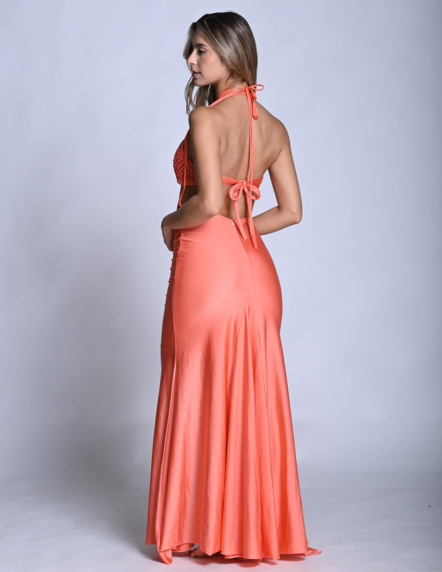 Kai Dress Salmon. Hand-Dyed Dress With Hand Woven MacramΓ© In Salmon