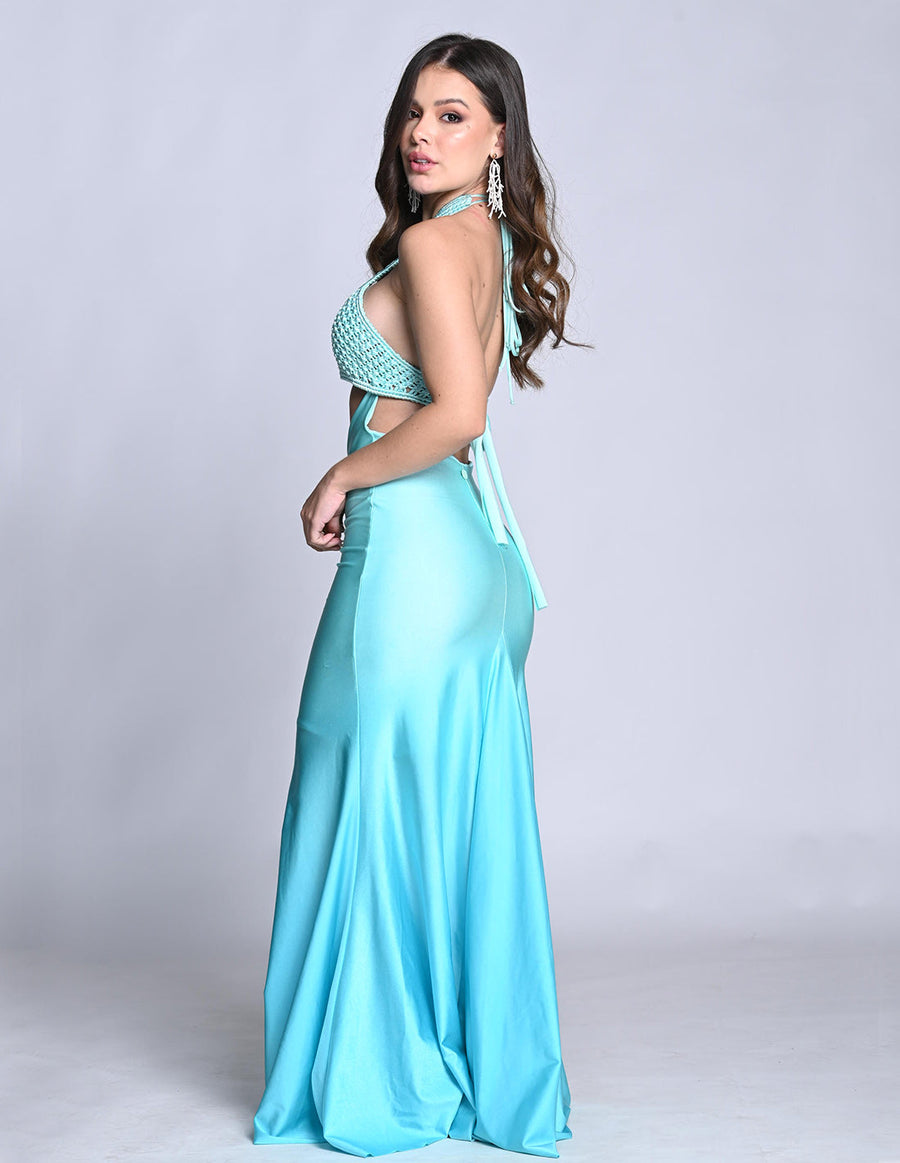 Kai Dress Turquoise. Hand-Dyed Dress With Hand Woven MacramΓ© In Turquoise