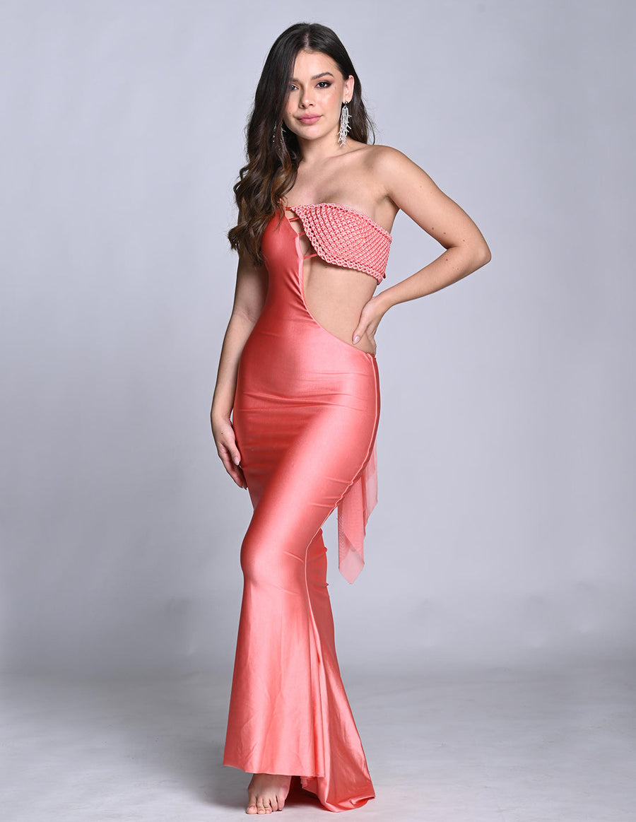 Kesha Dress Salmon. Hand-Dyed Dress With Hand Woven MacramΓ© In Salmon