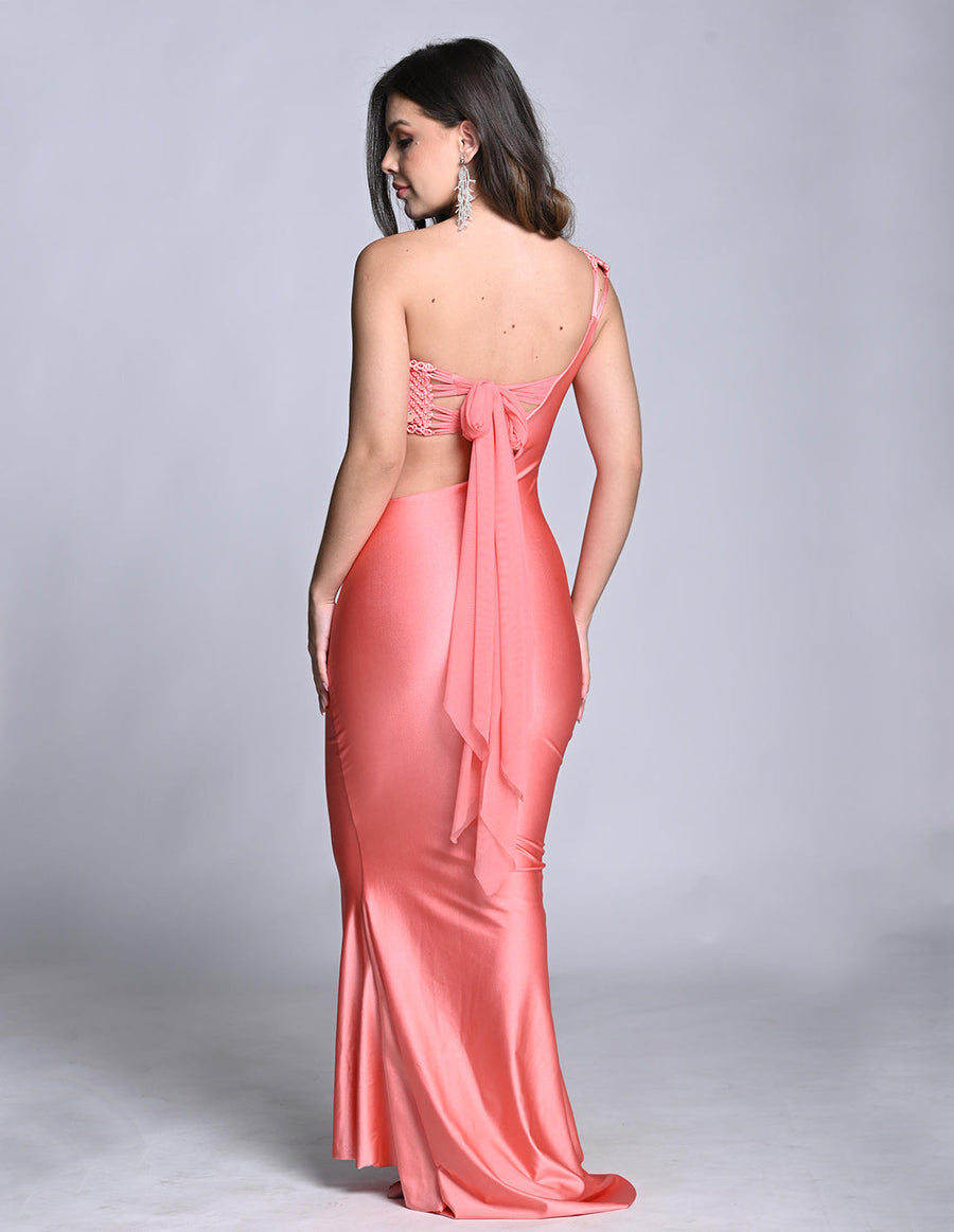 Kesha Dress Salmon. Hand-Dyed Dress With Hand Woven MacramΓ© In Salmon