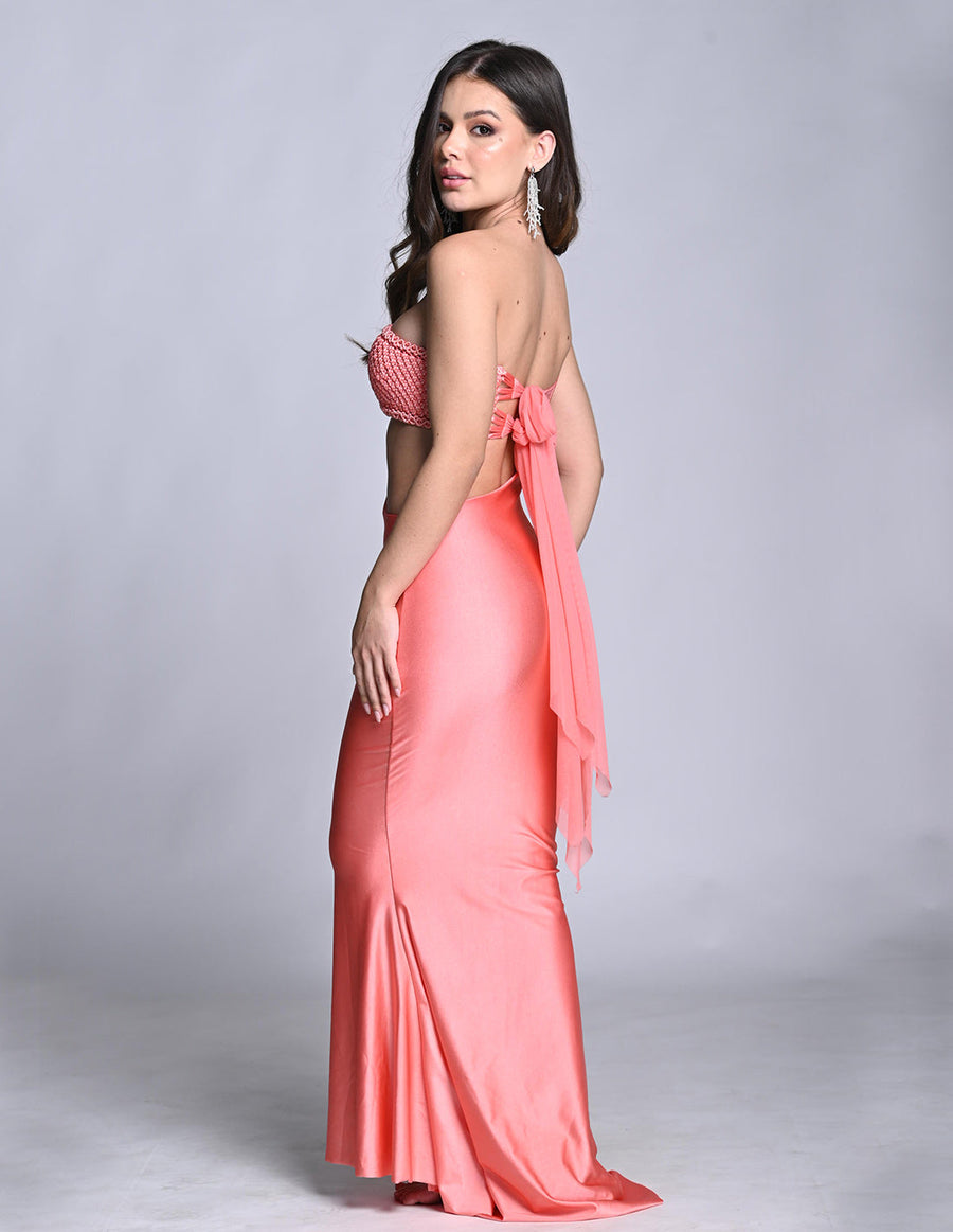 Kesha Dress Salmon. Hand-Dyed Dress With Hand Woven MacramΓ© In Salmon