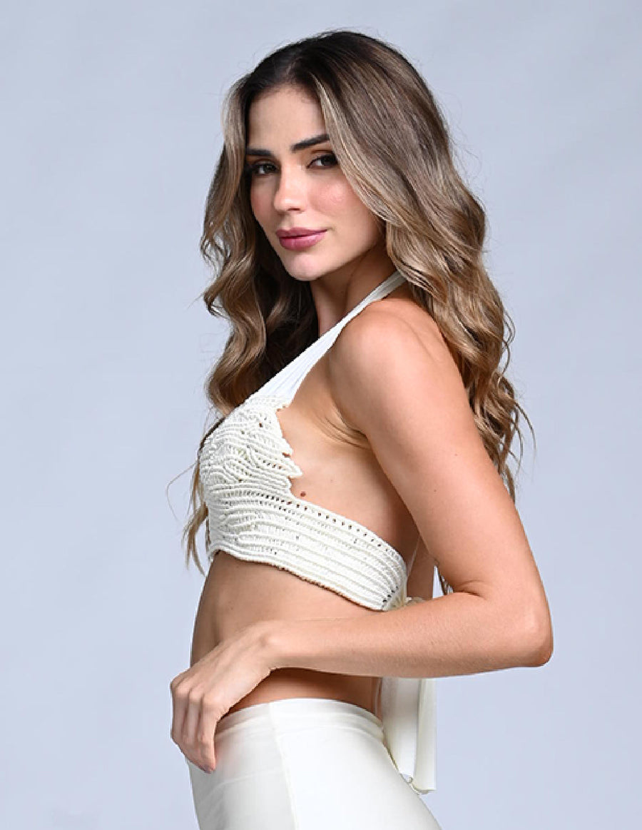 Onna Top Ivory. Bikini Top With Hand Woven MacramΓ© In Ivory