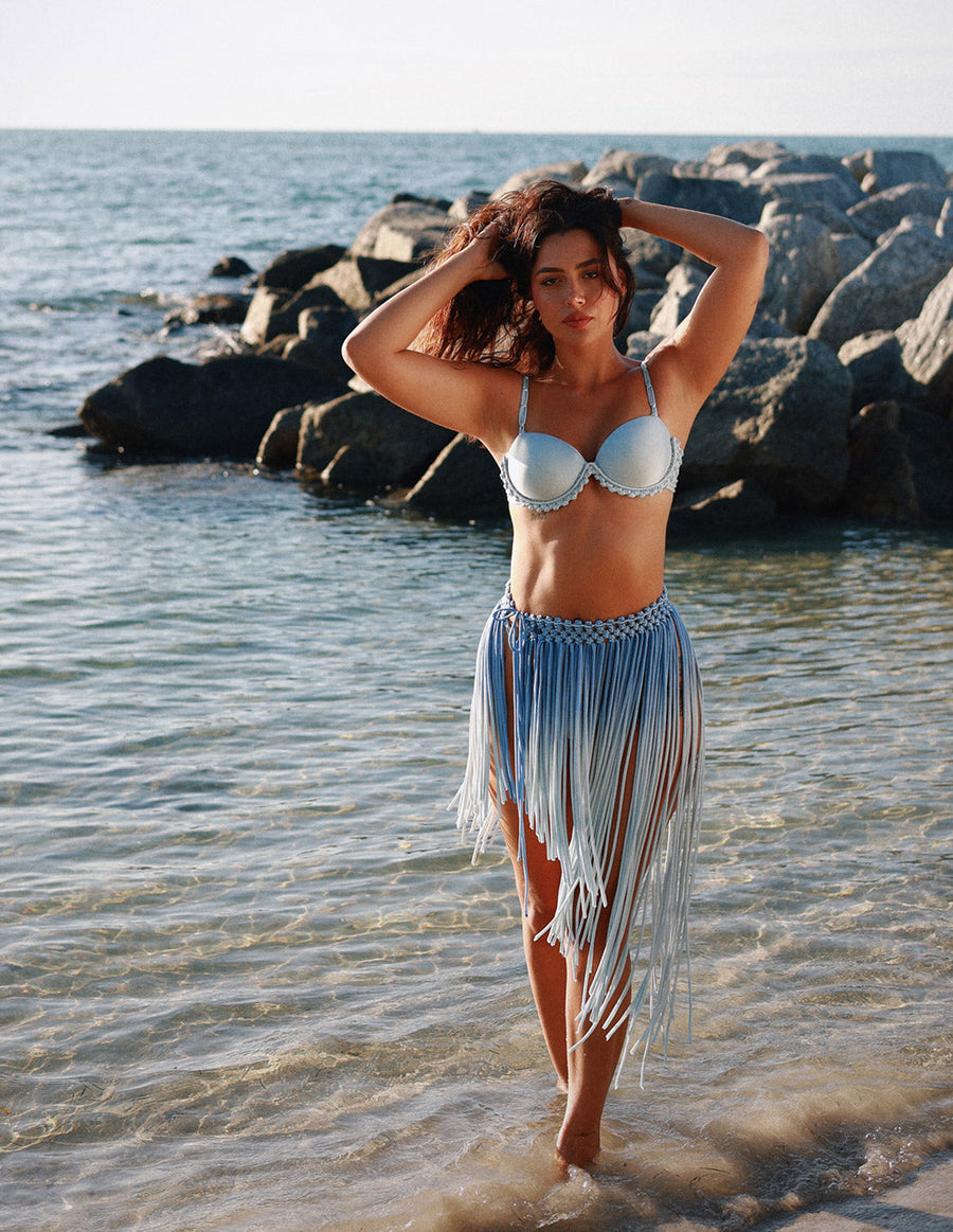 Alea Skirt Faded Baby Blue. Hand-Dyed Skirt With Hand Woven MacramΓ© In Faded Baby Blue