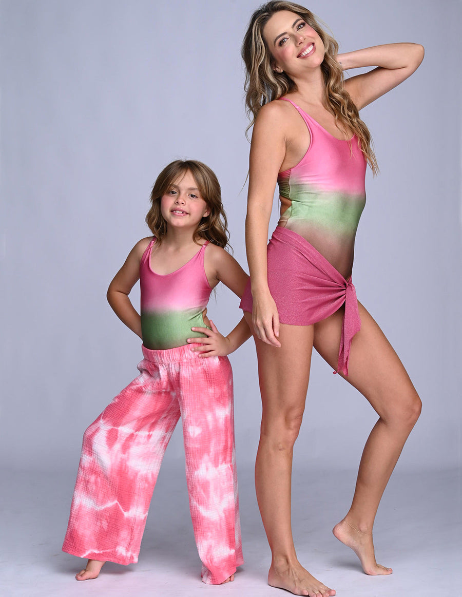 Sunreef One Piece Rose + Green + Brown. Hand-Dyed One Piece Swimsuit With Hand Woven MacramΓ© In Rose + Green + Brown