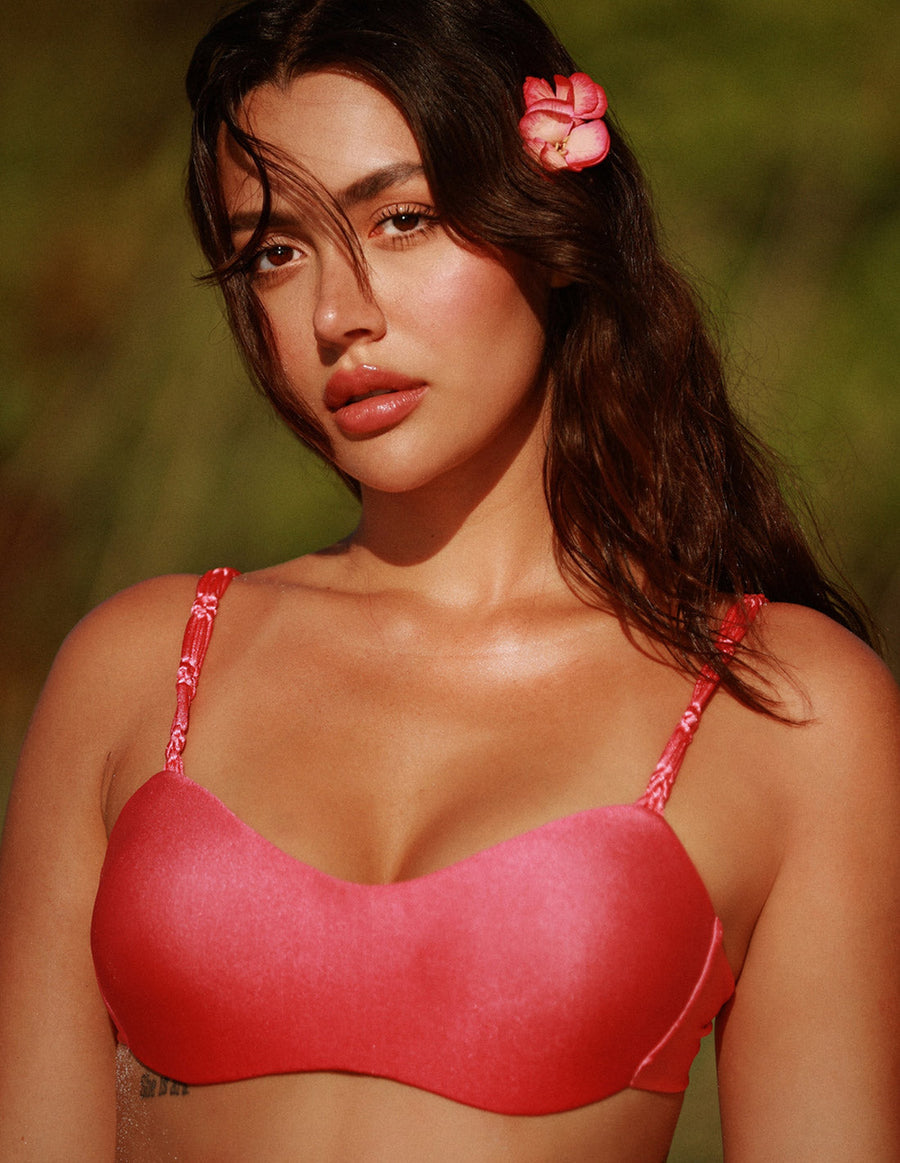 Lume Top Faded Tomato. Hand-Dyed Bikini Top With Hand Woven MacramΓ© In Faded Tomato