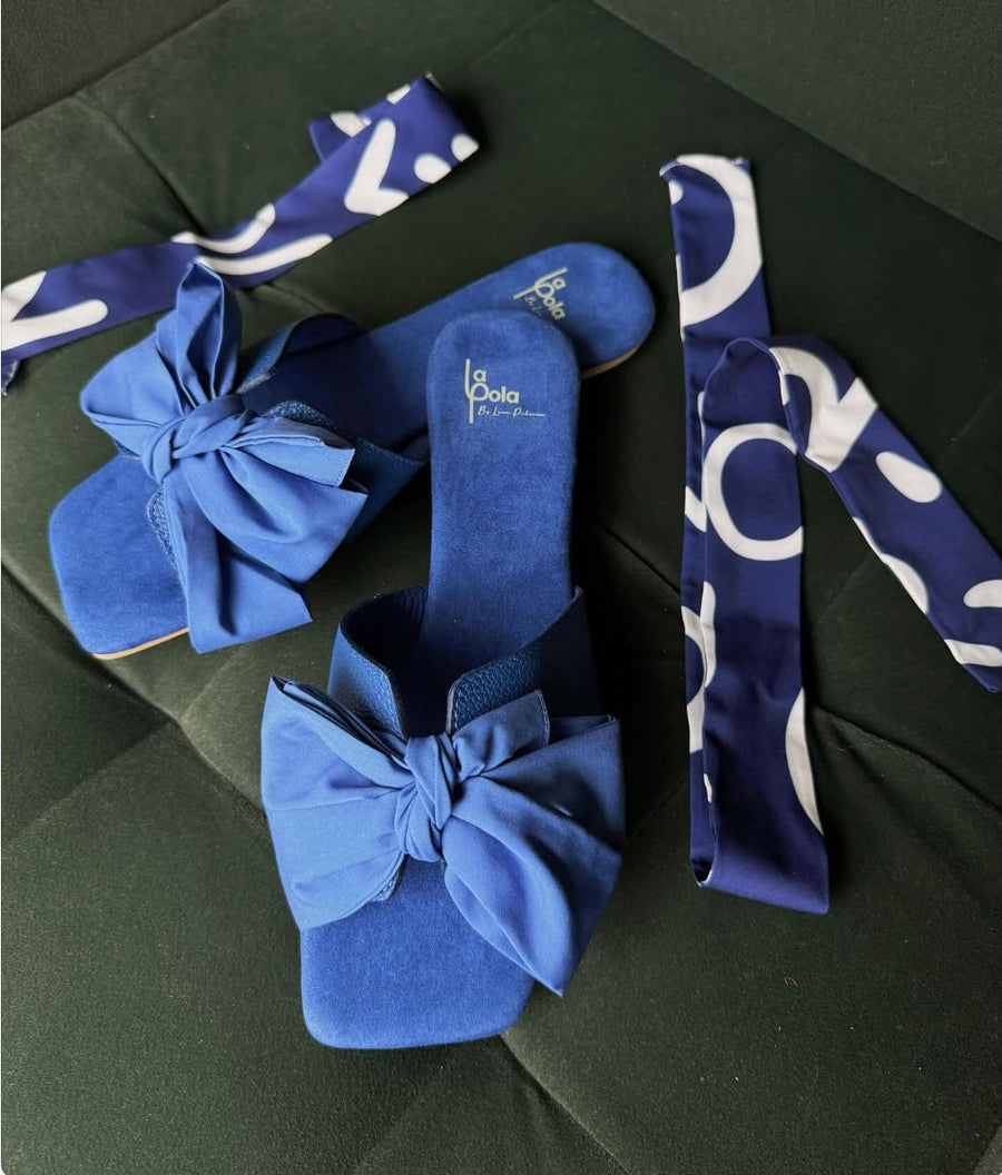 Leather Sandal Bow Navy Blue