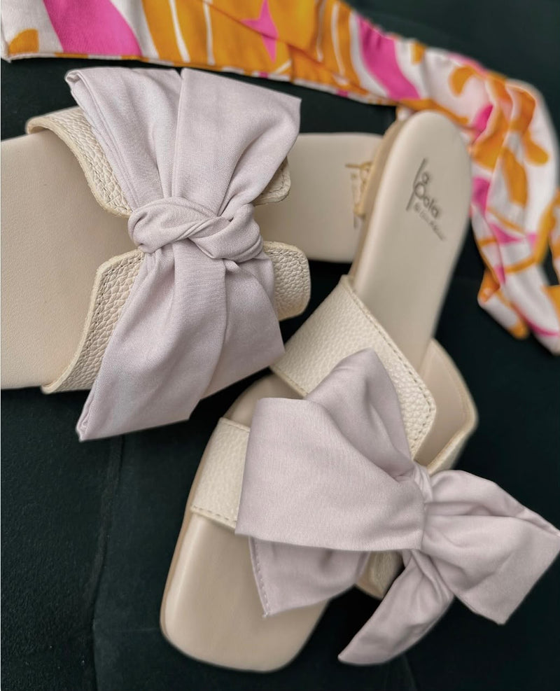 Leather Sandal Bow Powder White