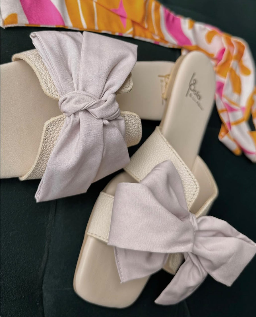 Leather Sandal Bow Powder White