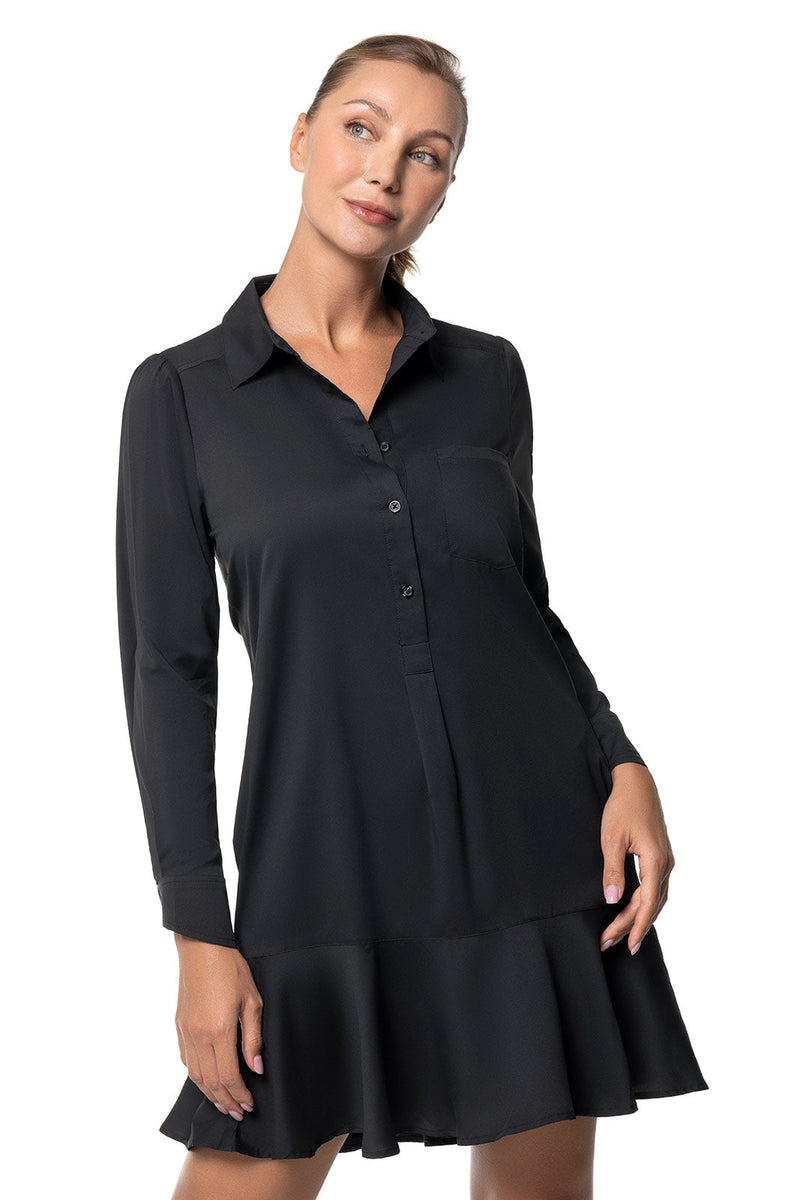 Women's Castaneda Flared Shirt Dress with Long Sleeves | Black