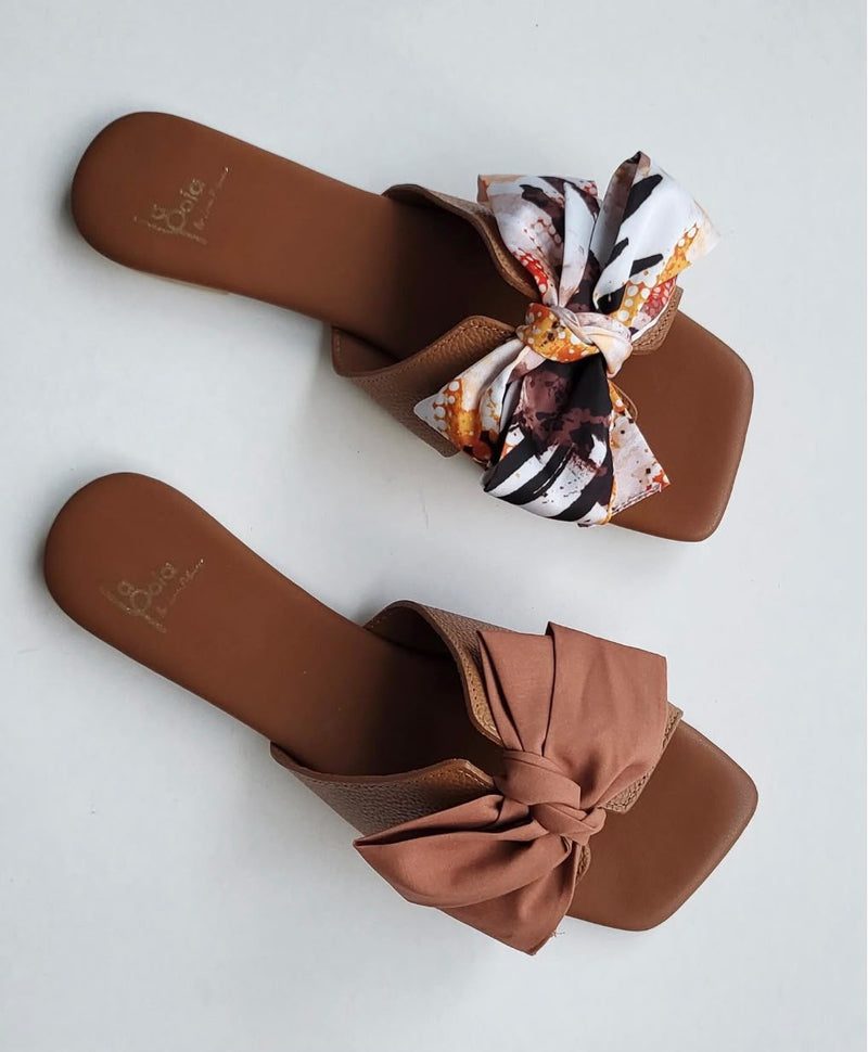 Leather Sandal Bow Tobacco Brown