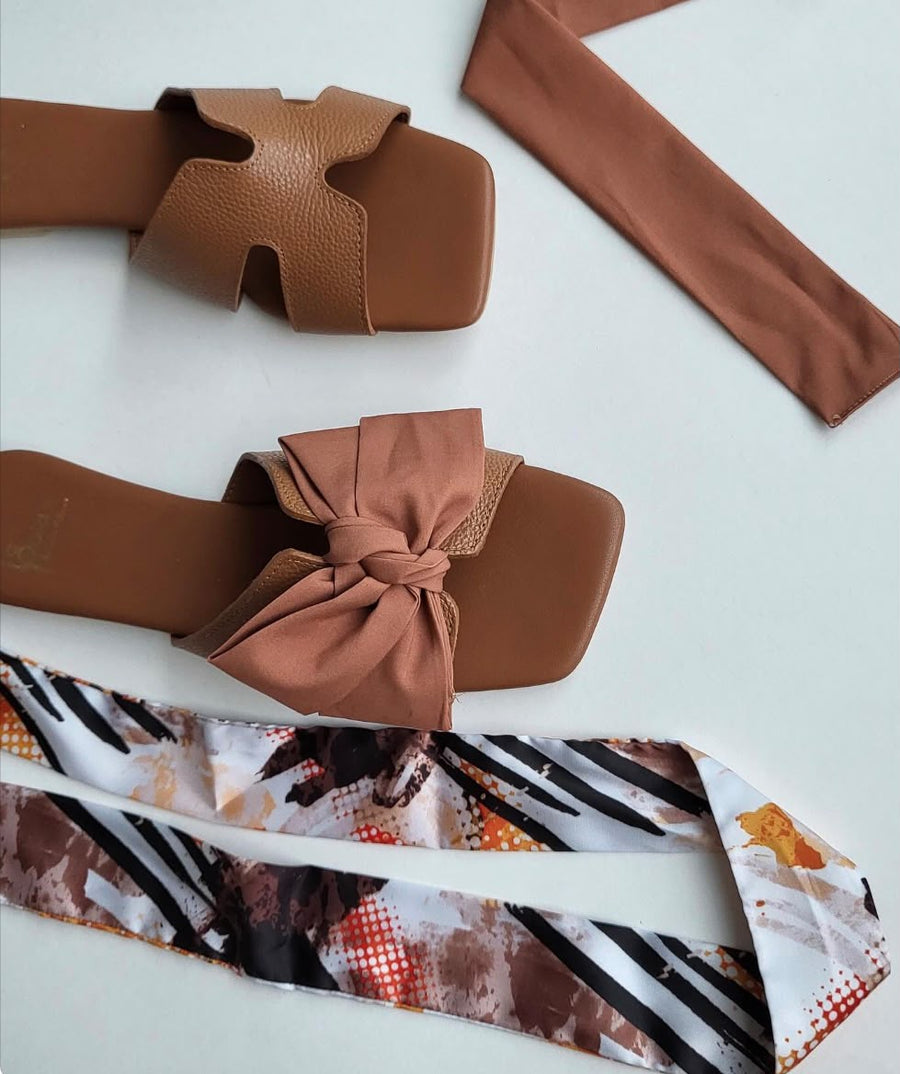 Leather Sandal Bow Tobacco Brown