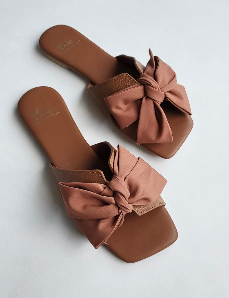 Leather Sandal Bow Tobacco Brown