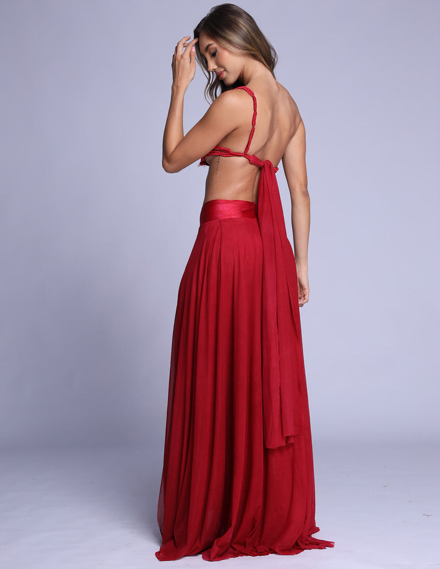 Cisne Dress Red. Hand-Dyed Dress With Hand Woven Macramé In Red. Entreaguas