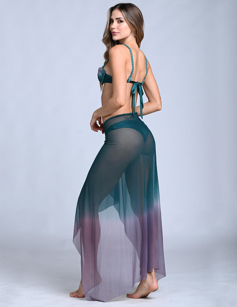 Tera Skirt Gray + Boreal Green. Hand-Dyed Skirt With Hand Woven Macramé In Gray + Boreal Green