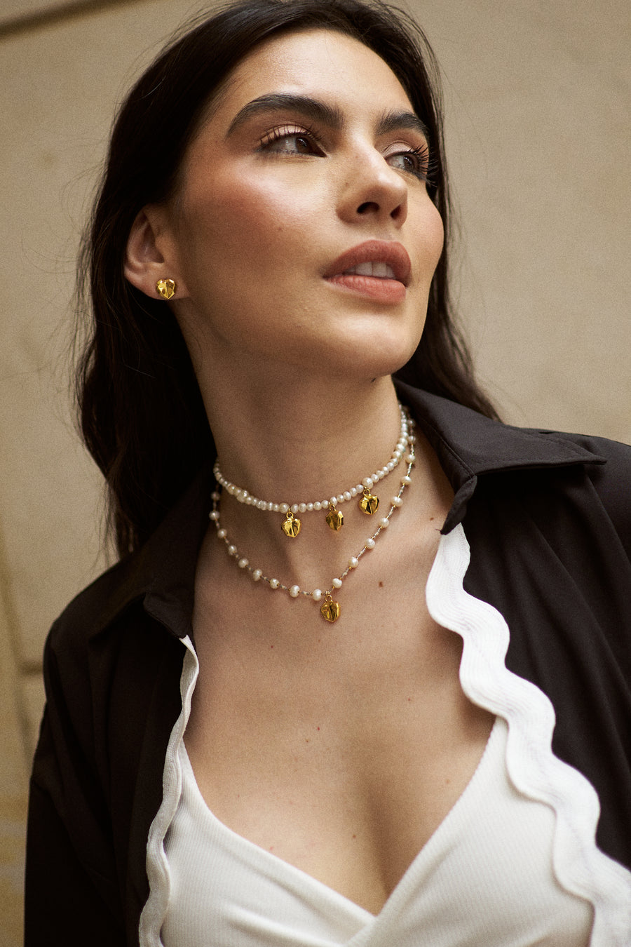 Triple Heart Pearl Necklace 42cm