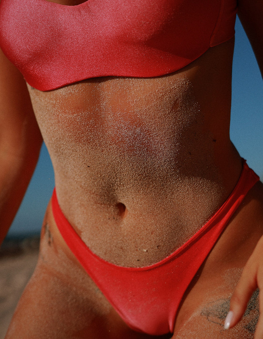 Loa Bottom Faded Tomato. Hand-Dyed Bikini Bottom With Hand Woven Macramé In Faded Tomato