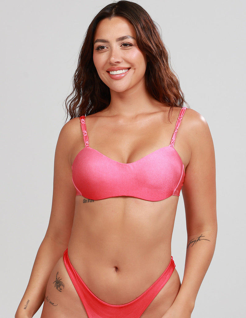 Lume Top Faded Tomato. Hand-Dyed Bikini Top With Hand Woven Macramé In Faded Tomato
