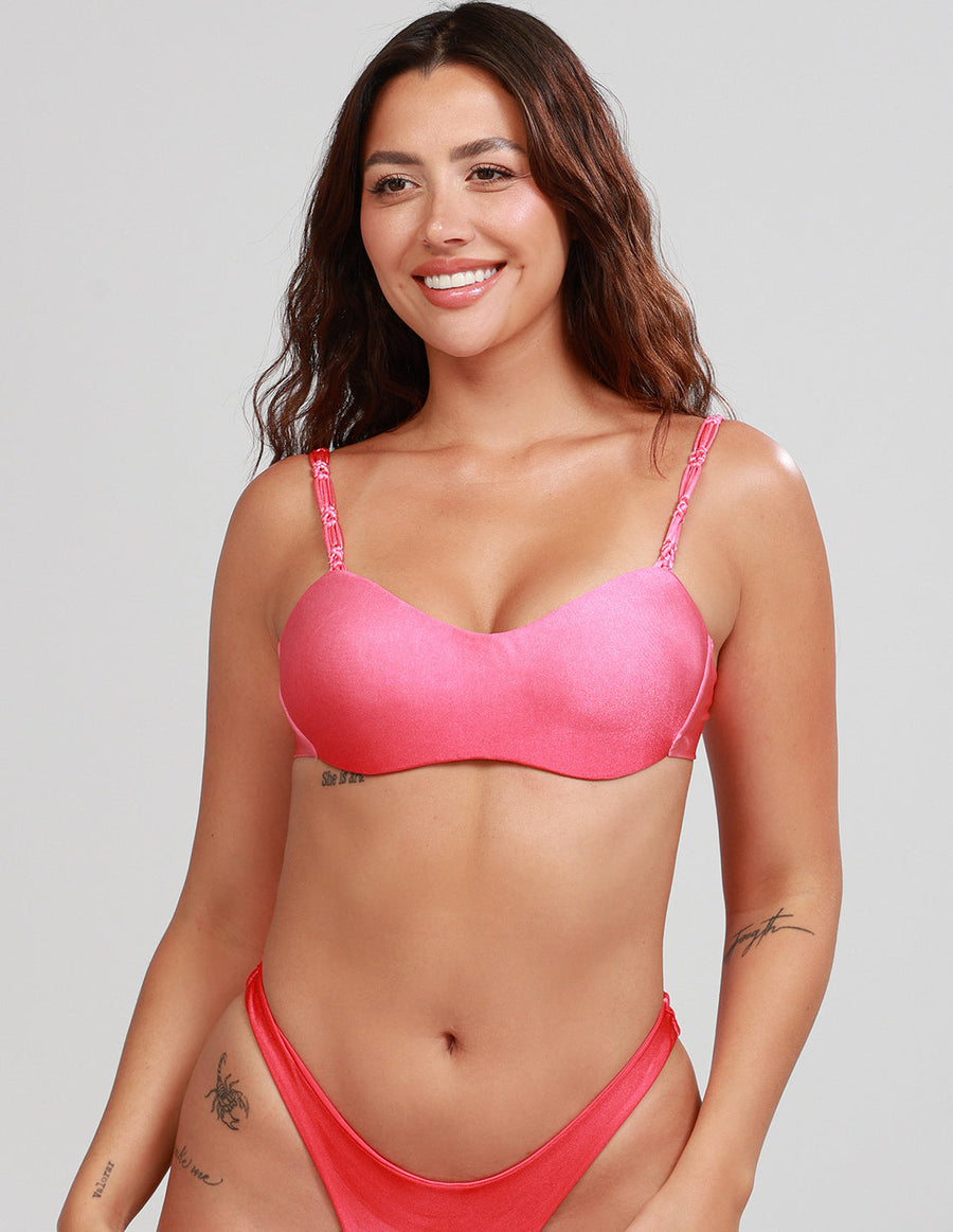 Lume Top Faded Tomato. Hand-Dyed Bikini Top With Hand Woven Macramé In Faded Tomato