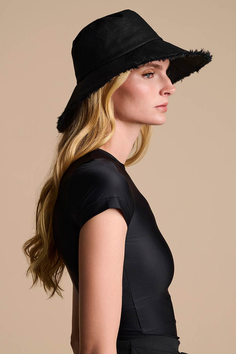 Charlotte Linen Fringe Sun Hat | Black